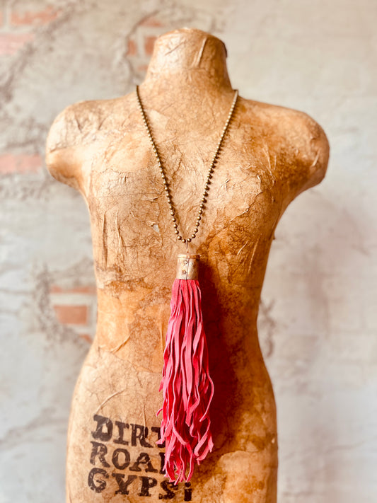 Leather Tassel Necklace - Pink