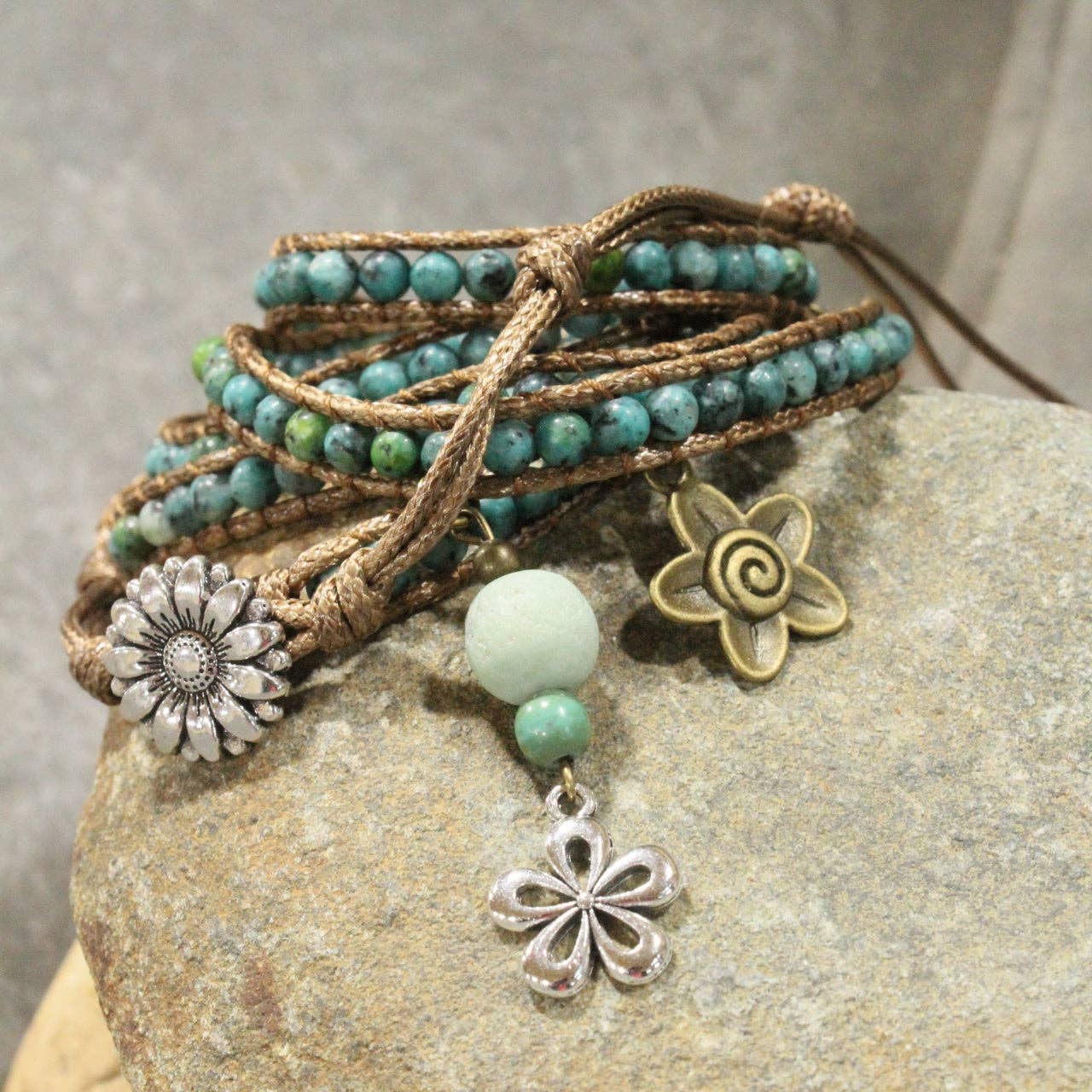 Czech Bird Watching Leather & Stone Flower Wrap Bracelet