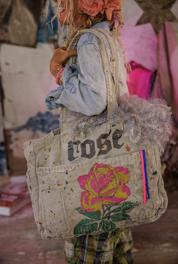 Hand-Painted Rose Tote Bag - Ash