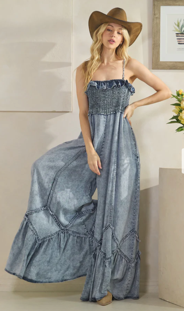 Washed Smocked Tencel Jumpsuit