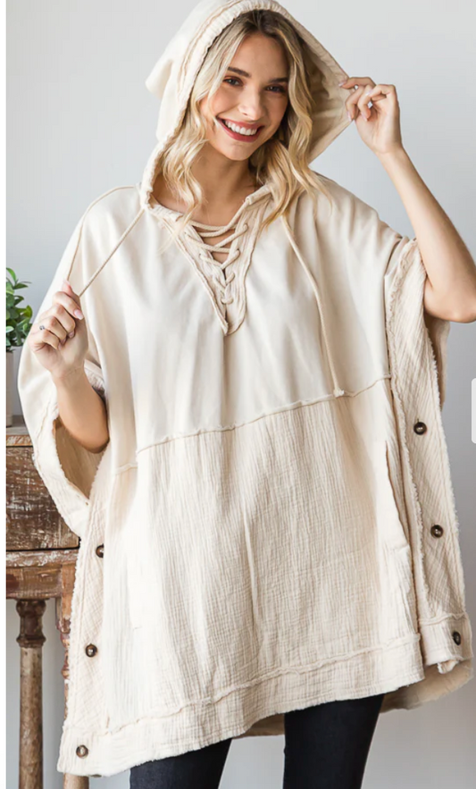 Washed Hooded Poncho - Cream