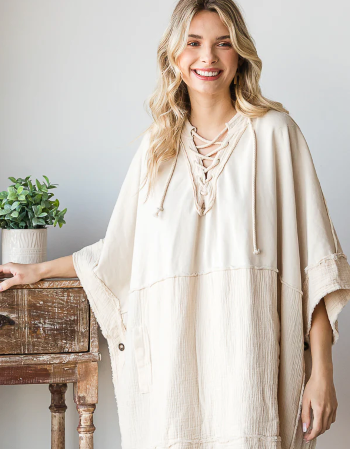 Washed Hooded Poncho - Cream