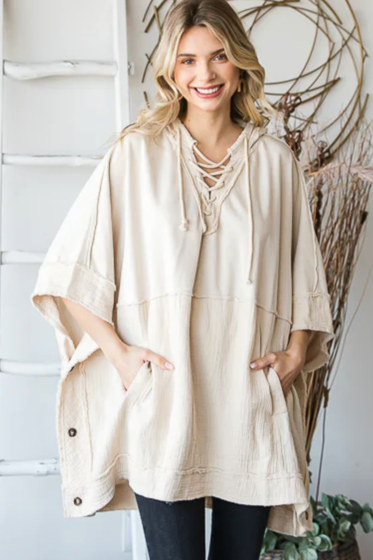 Washed Hooded Poncho - Cream
