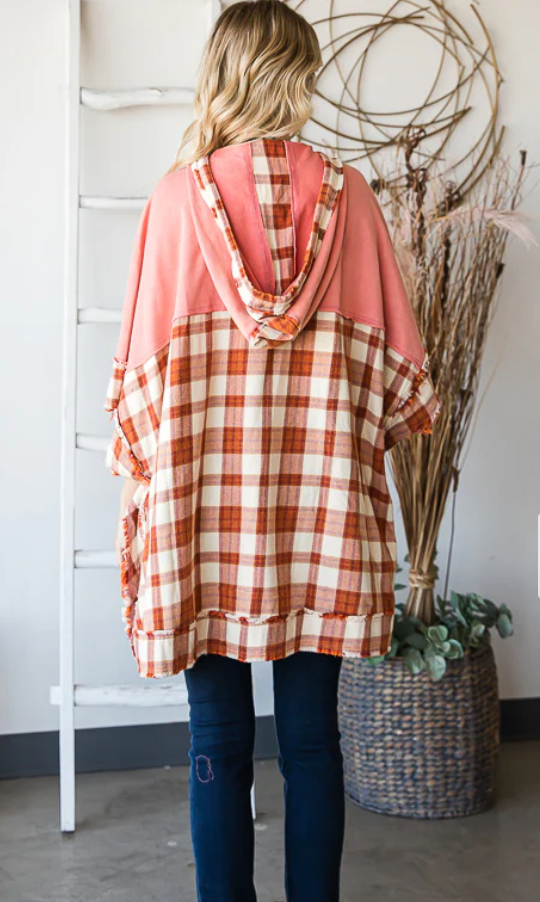 Washed Hooded Poncho Plaid - Berry