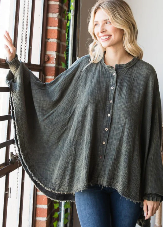 Button Front Blouse - Charcoal