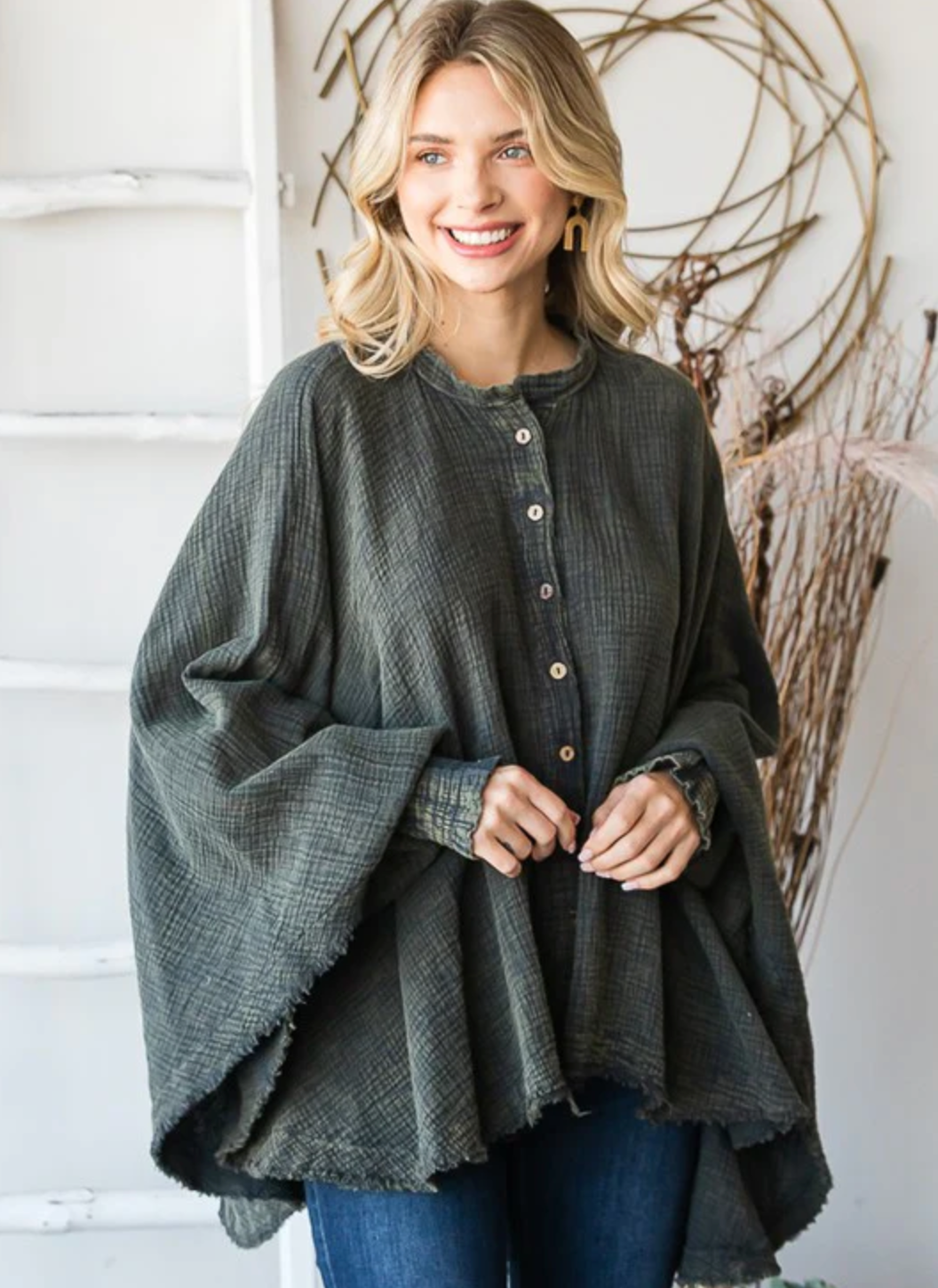 Button Front Blouse - Charcoal