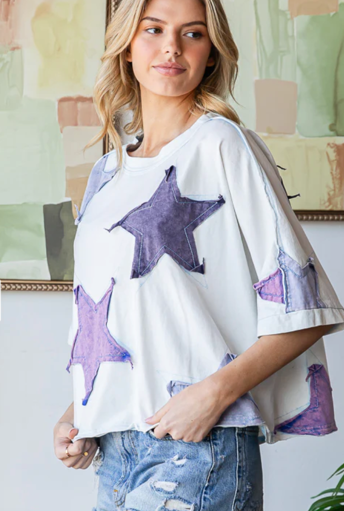 Washed Star Patched Tee - Light Blue