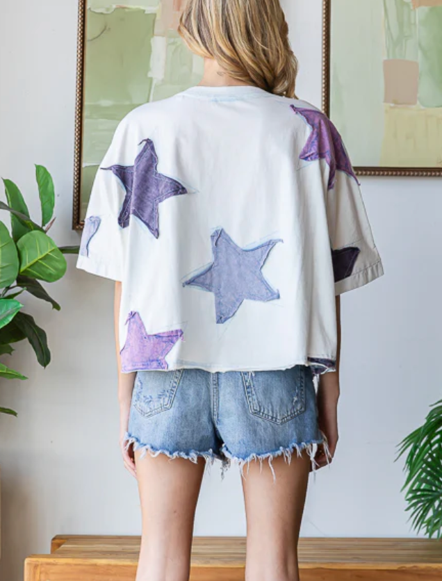 Washed Star Patched Tee - Light Blue