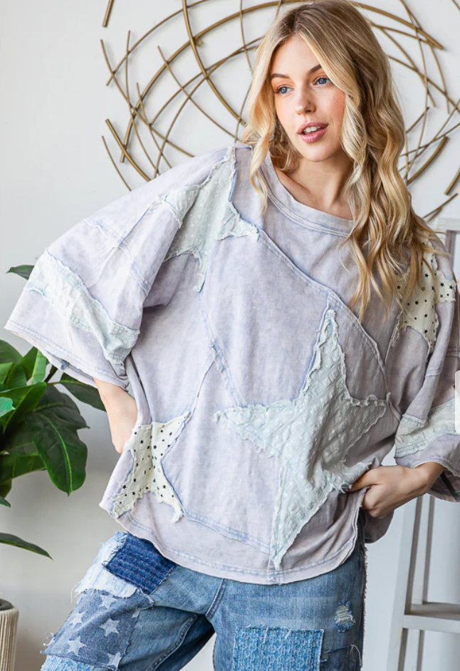 Washed & Patched With Stars Top - Blue