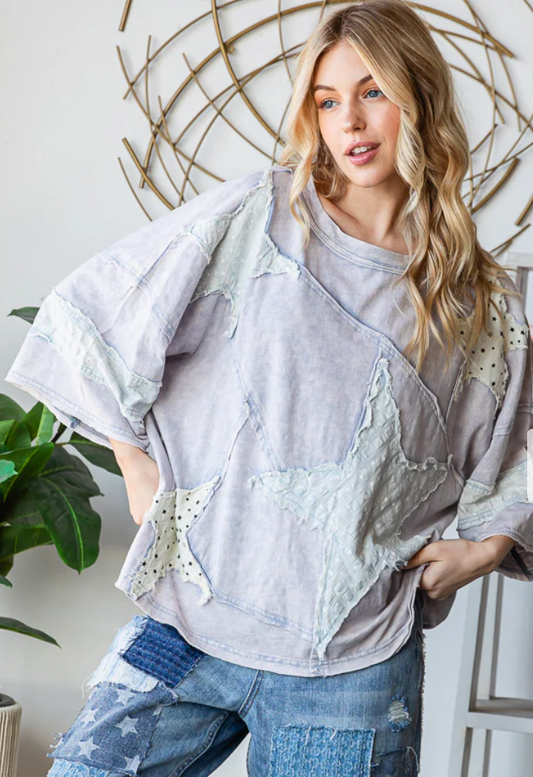 Washed & Patched With Stars Top - Blue