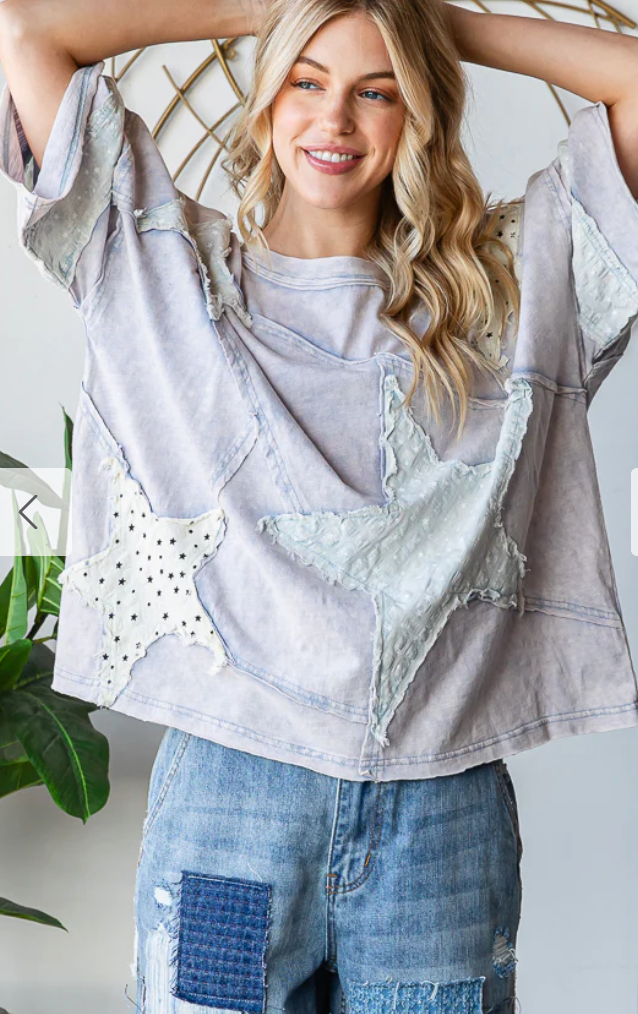 Washed & Patched With Stars Top - Blue