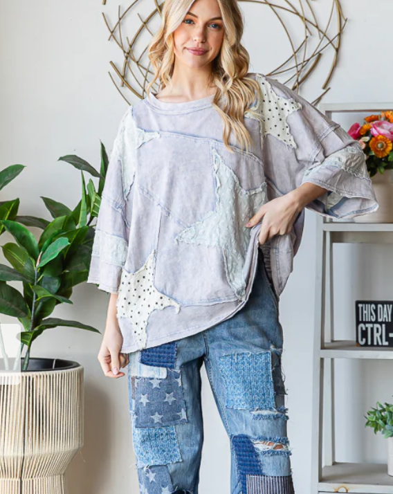 Washed & Patched With Stars Top - Blue