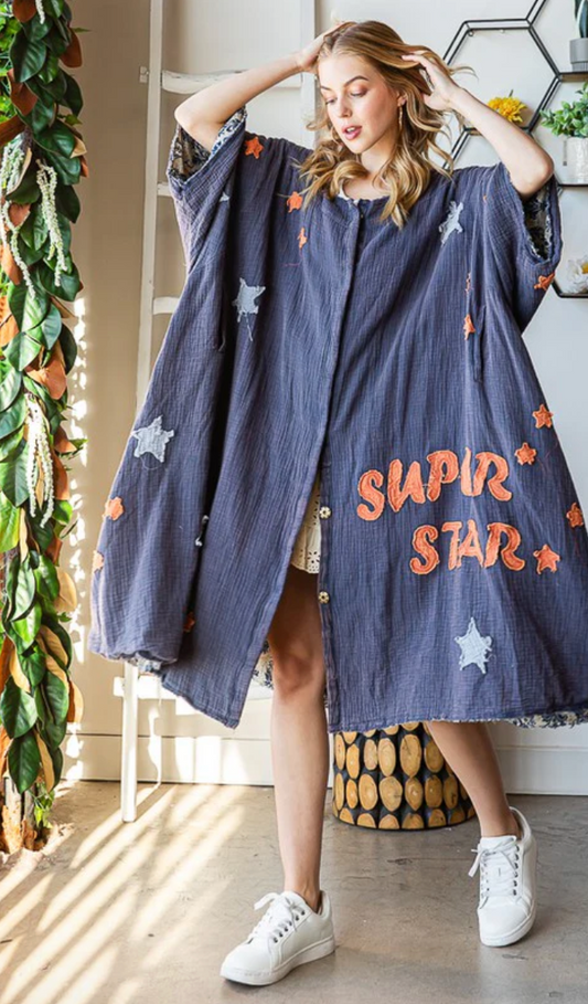 Super Star Washed & Patched Duster - Blue