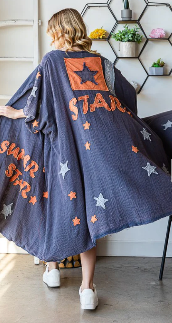 Super Star Washed & Patched Duster - Blue