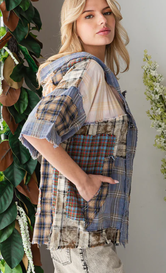 Washed Plaid Mix Button Down