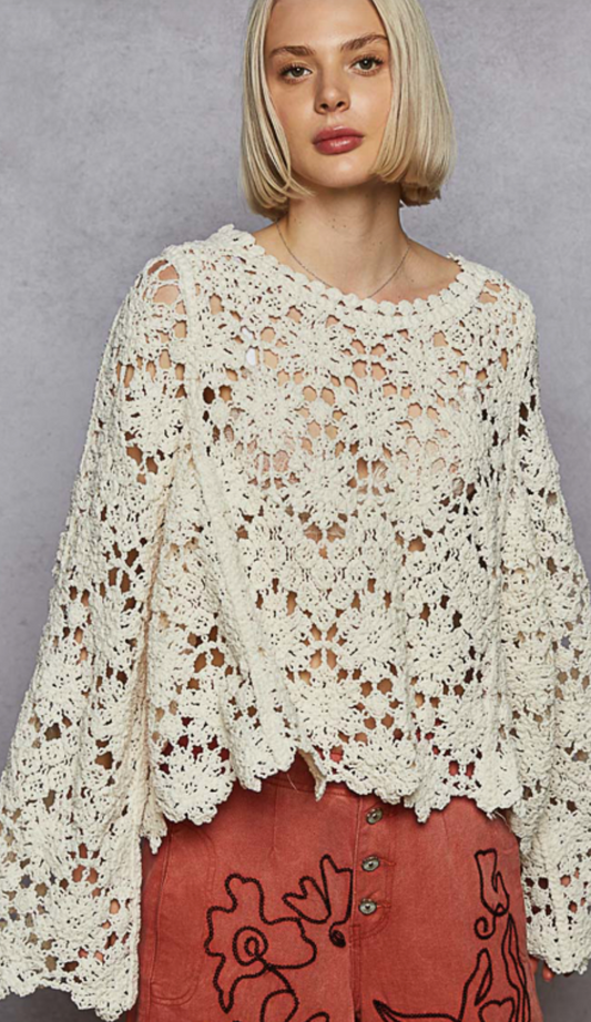 Crocheted Long Sleeve Top - Cream