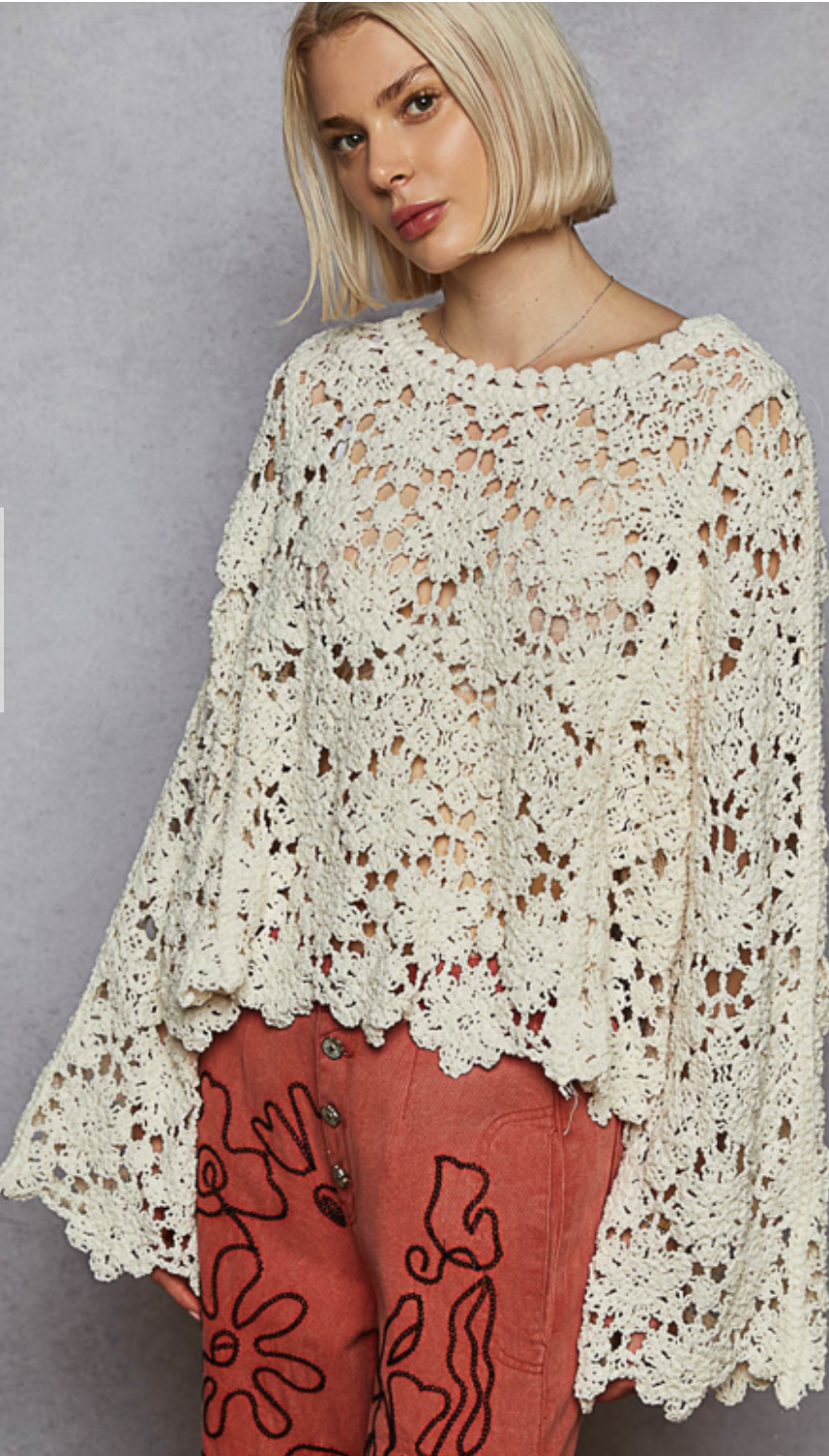 Crocheted Long Sleeve Top - Cream