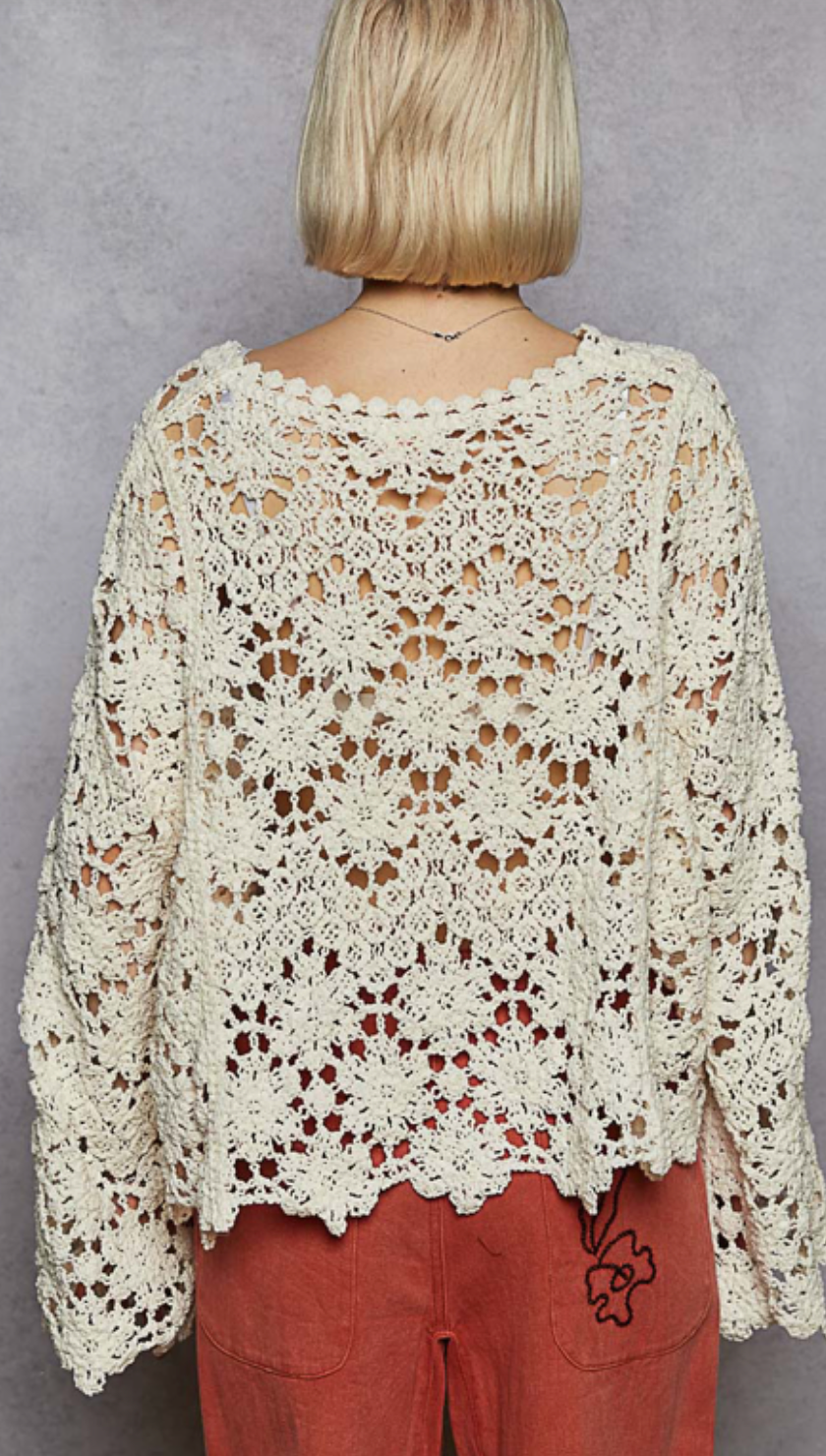 Crocheted Long Sleeve Top - Cream