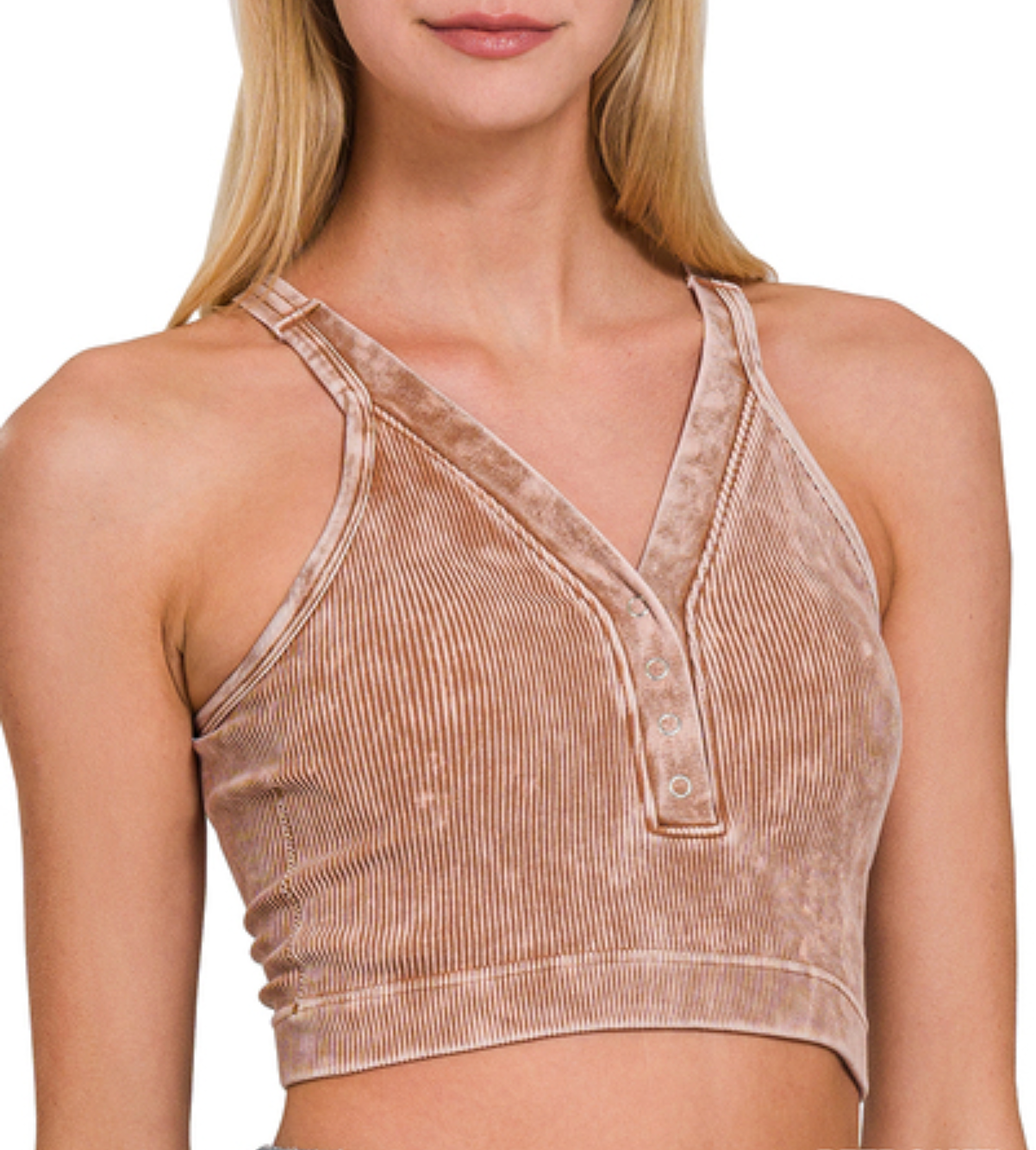 Washed Ribbed Seamless V-Neck Bralette - Deep Camel