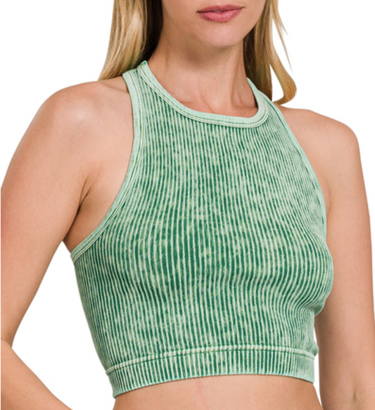Washed Ribbed Seamless Racerback Bralette - Dark Green