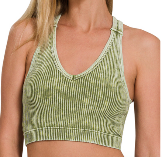 Stone Washed Ribbed Seamless Racerback Bralette (Padded) - Ash Olive
