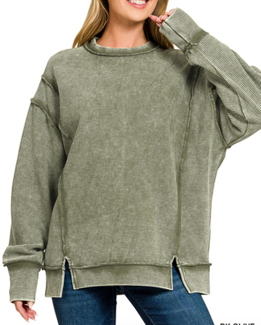 Ribbed Slit Side Sweater - Dark Olive