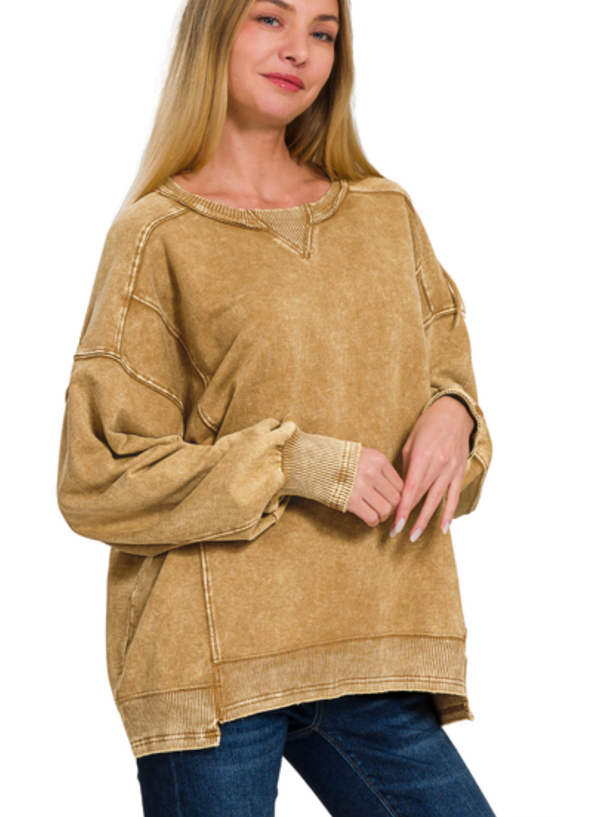 French Terry Acid Wash Sweatshirt -Camel