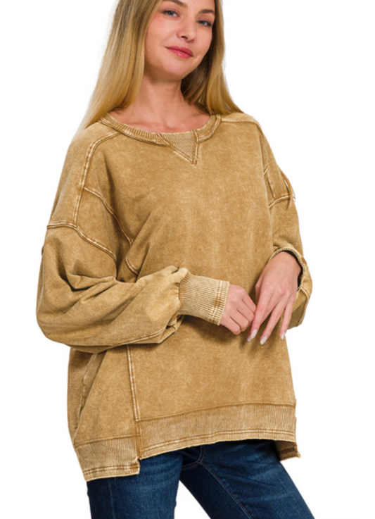 French Terry Acid Wash Sweatshirt -Camel