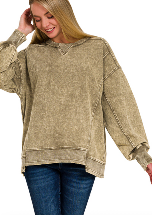 French Terry Acid Wash Sweatshirt - Dark Olive
