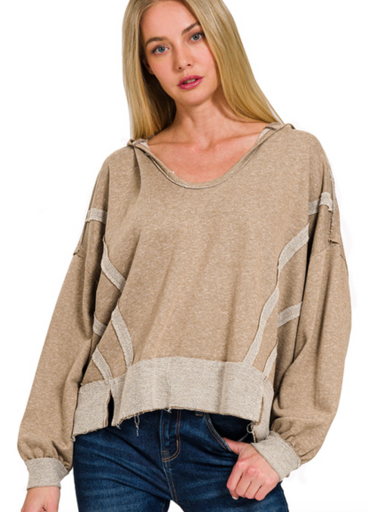 Side Slit Raw Hem Hoodie - Mocha