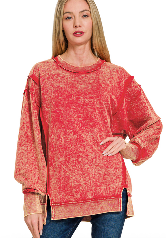 Acid Wash French Terry Sweatshirt - Red