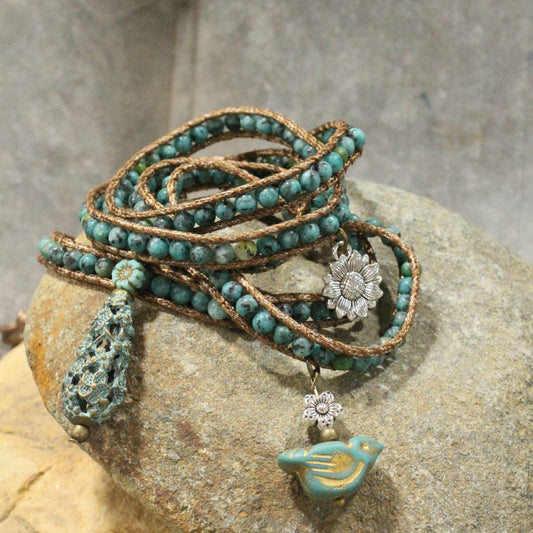 Czech Bird Watching Leather & Stone Flower Wrap Bracelet