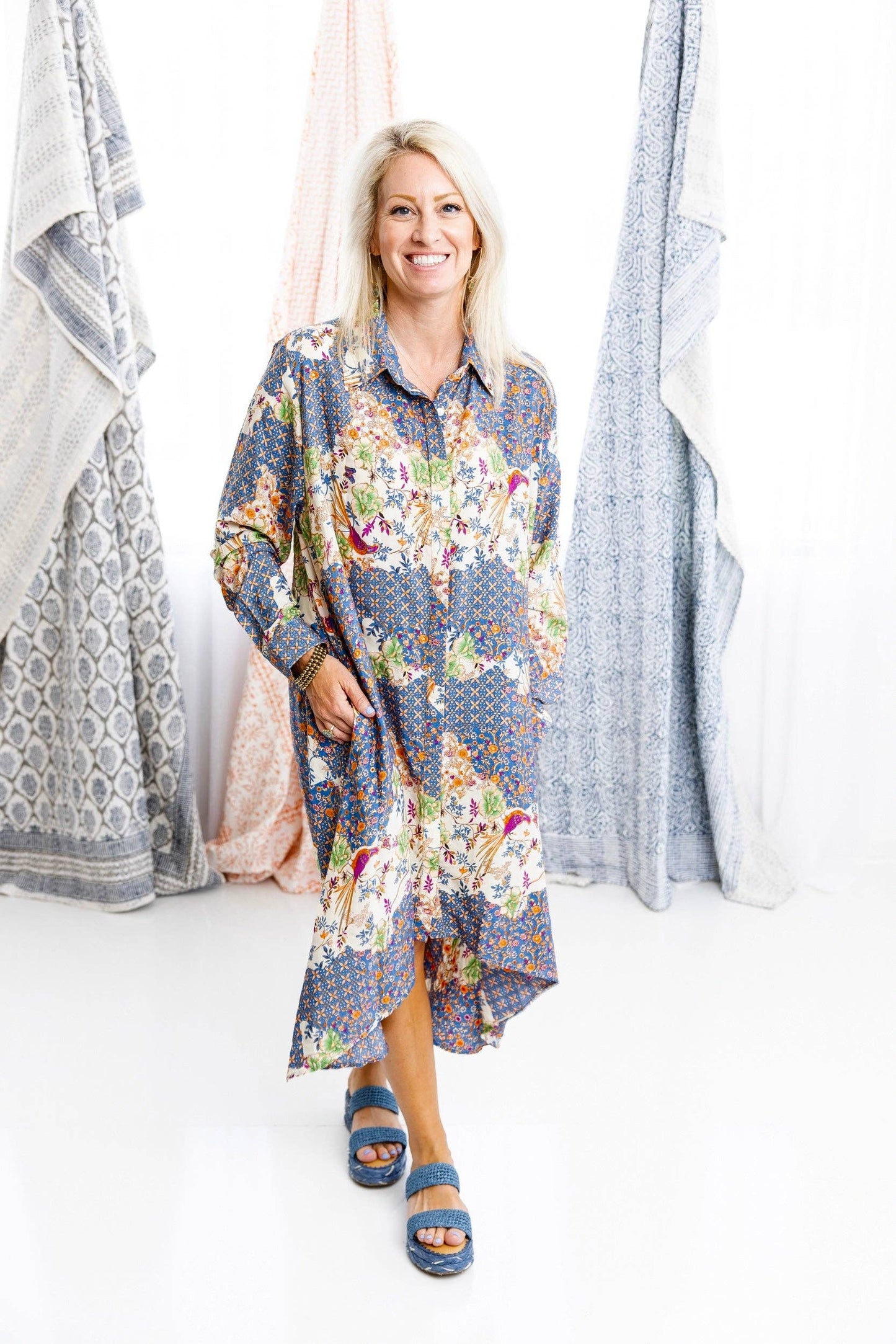 Blue Birds Silk Shirt High Low Shirt Dress