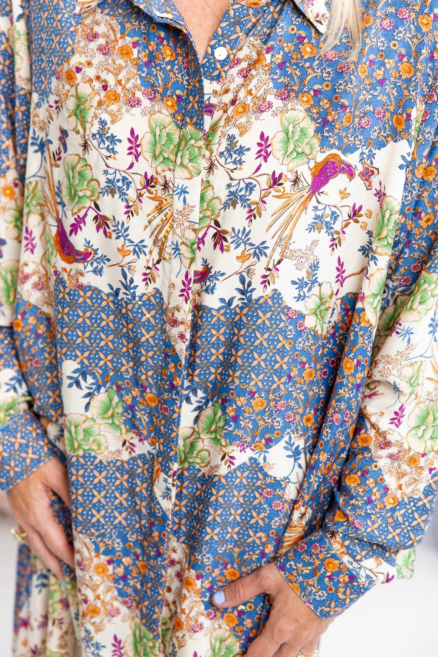 Blue Birds Silk Shirt High Low Shirt Dress