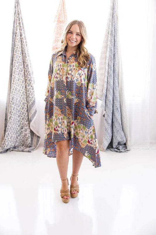 Blue Birds Silk Shirt High Low Shirt Dress