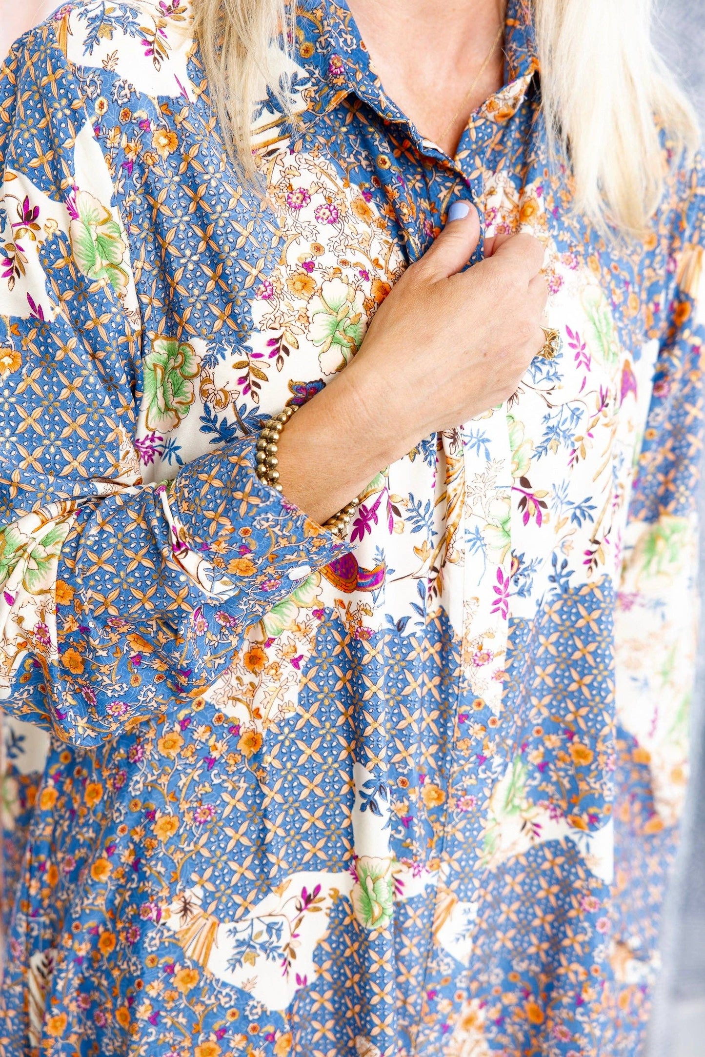 Blue Birds Silk Shirt High Low Shirt Dress