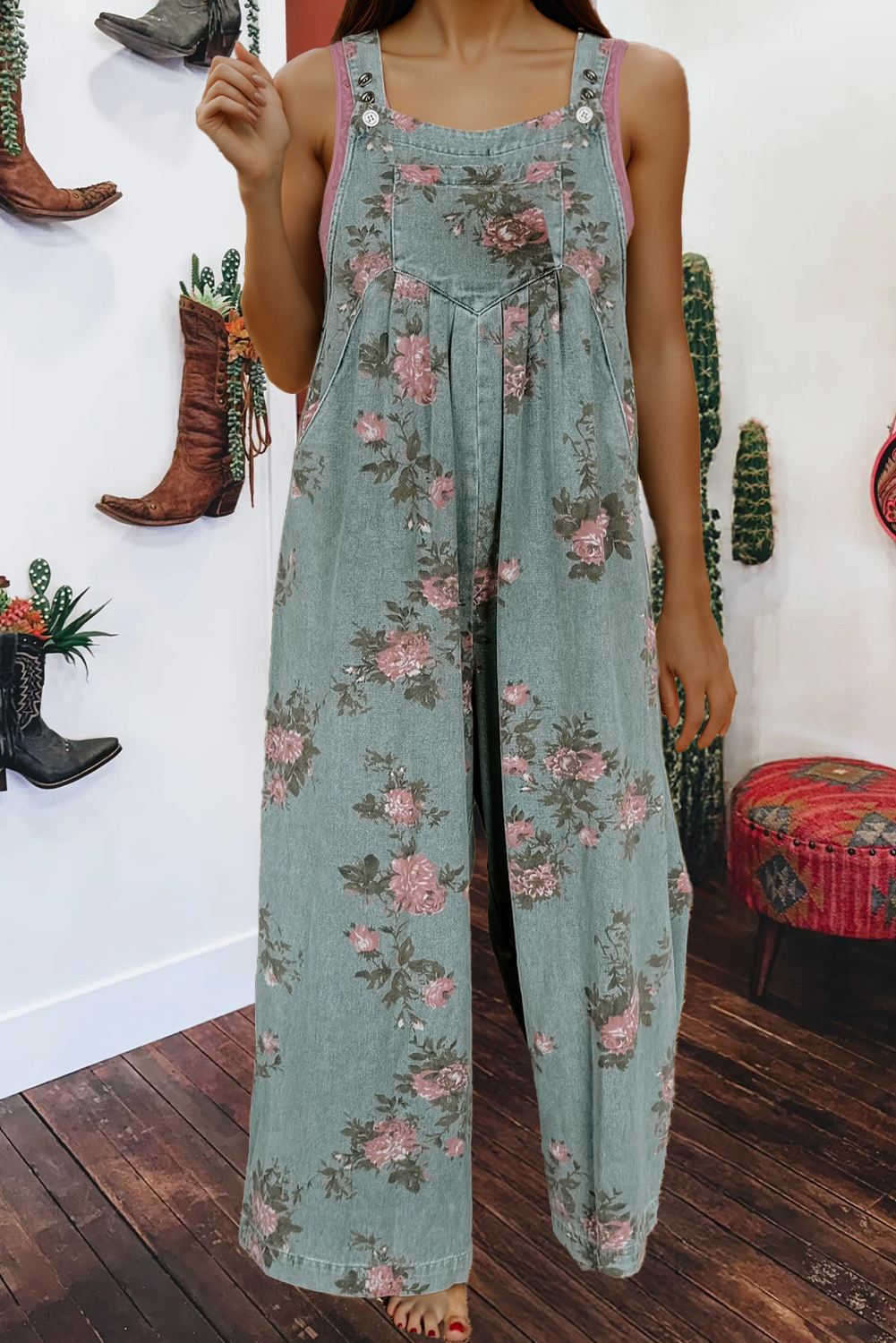 Floral Print Pleated High Waist Wide Leg Denim Jumpsuit