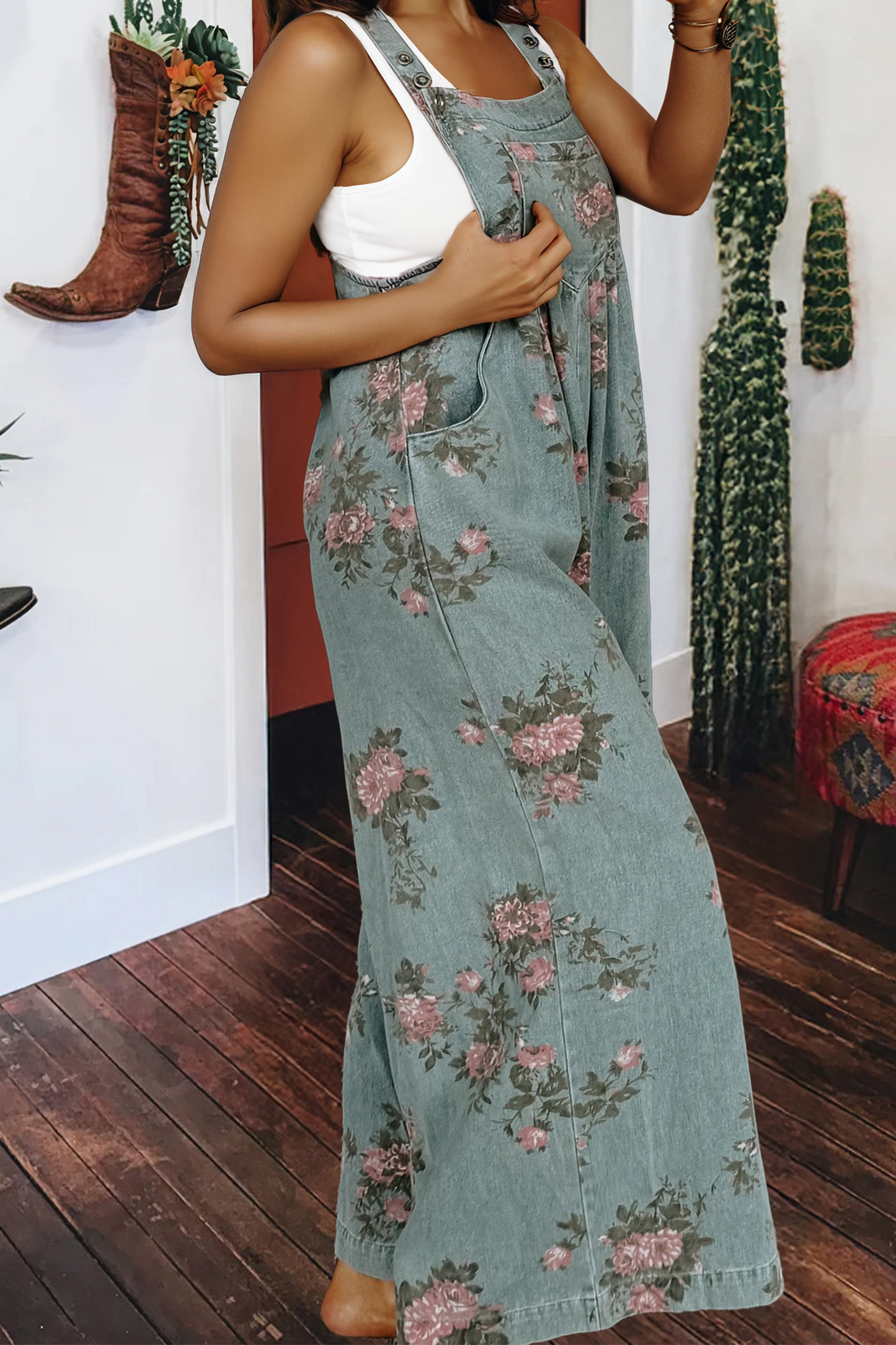 Floral Print Pleated High Waist Wide Leg Denim Jumpsuit