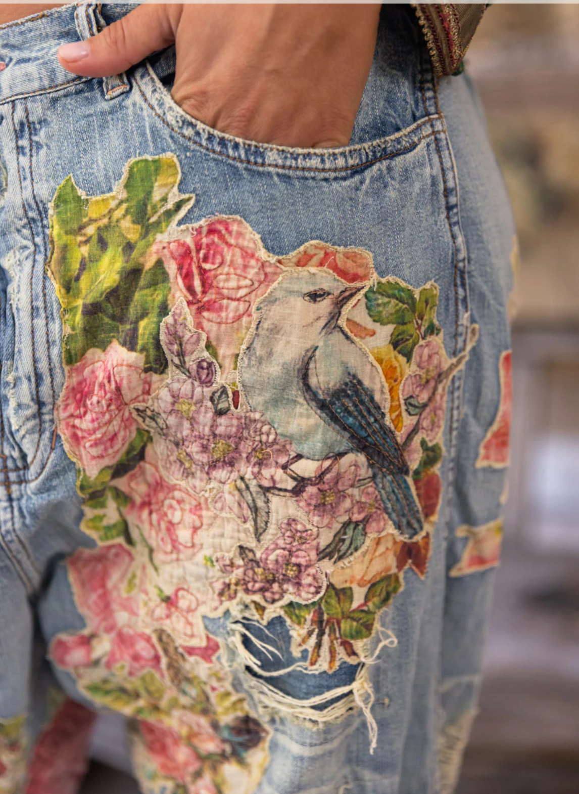 Floral Applique Miner Denim