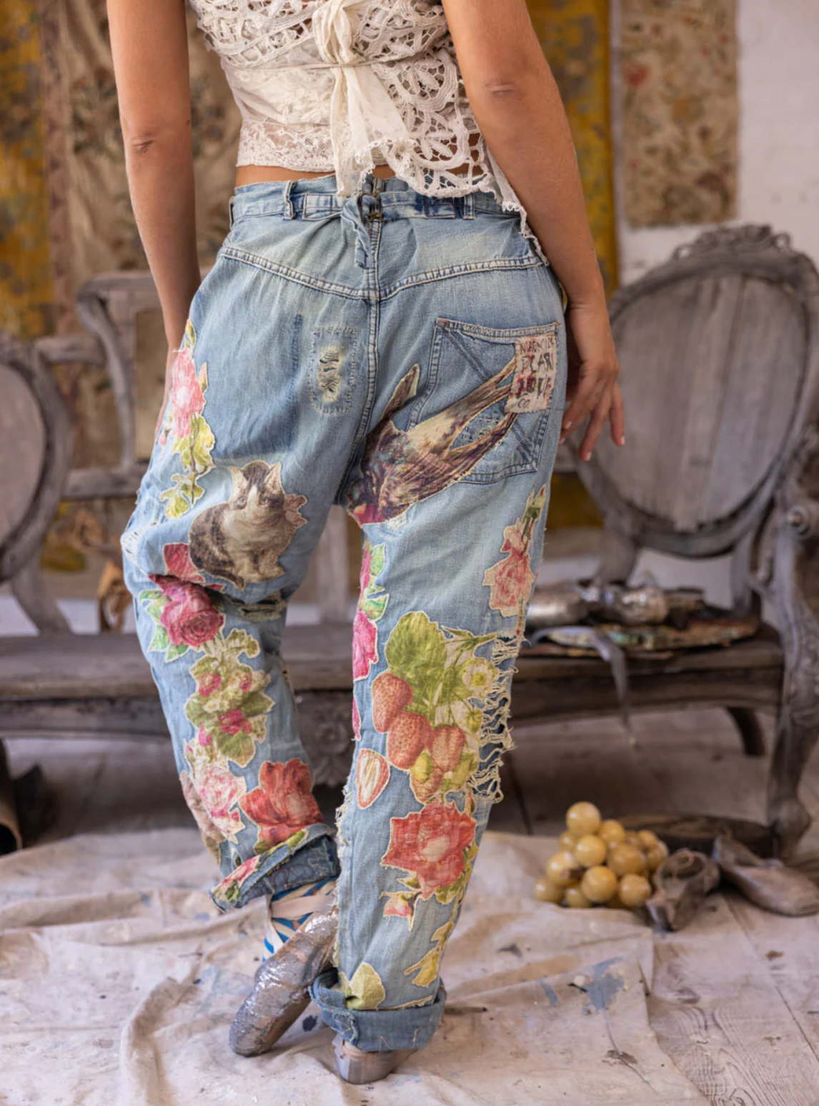 Floral Applique Miner Denim
