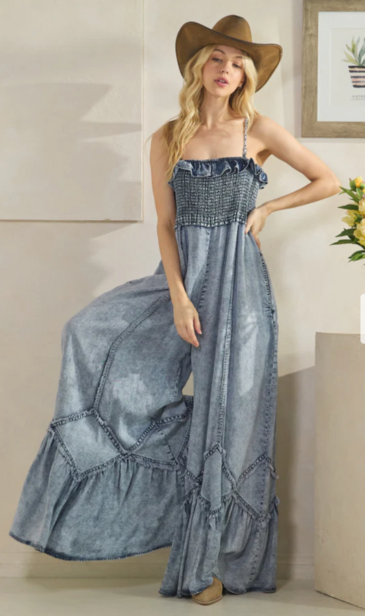 Washed Smocked Tencel Jumpsuit