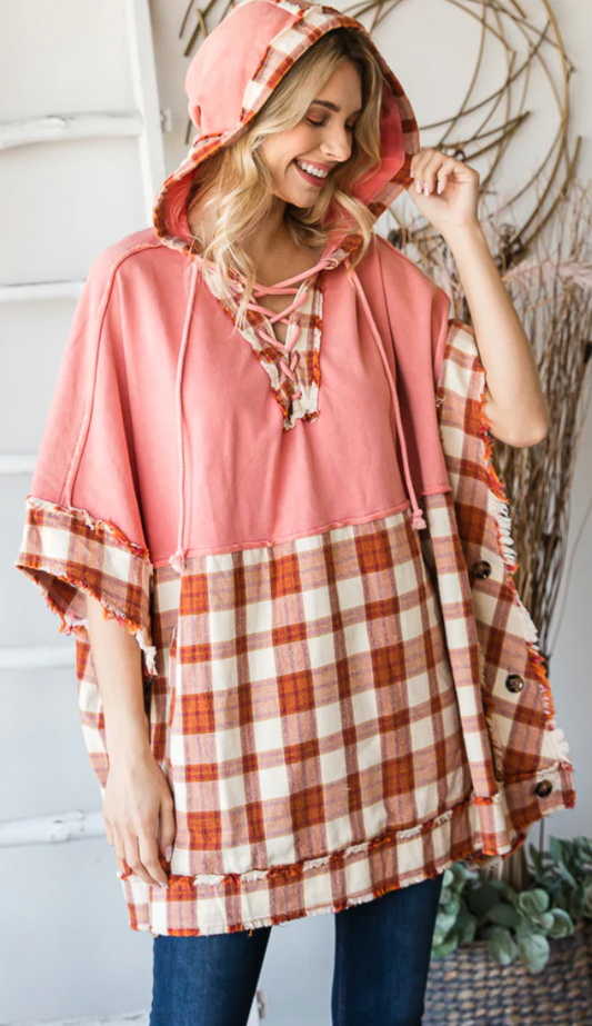 Washed Hooded Poncho Plaid - Berry