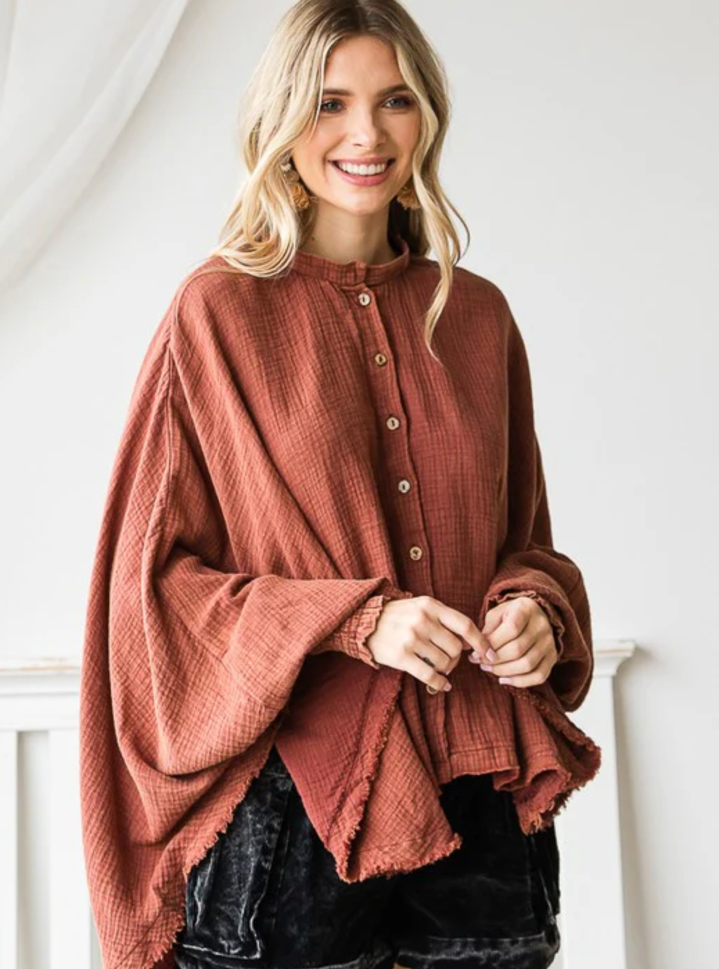 Button Front Blouse - Burgundy