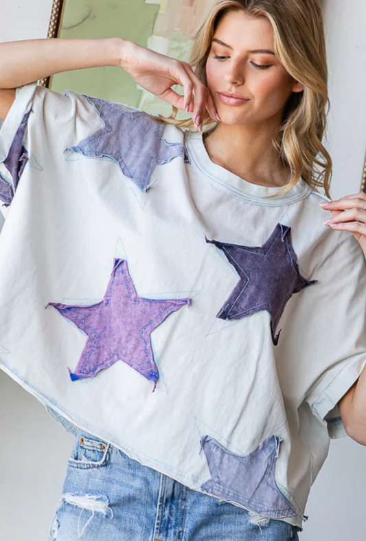 Washed Star Patched Tee - Light Blue