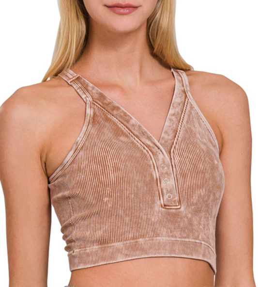 Washed Ribbed Seamless V-Neck Bralette - Deep Camel