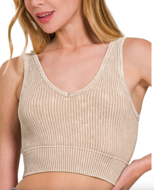 Washed Ribbed Seamless Racerback Bralette (Reversible) - Ash Mocha