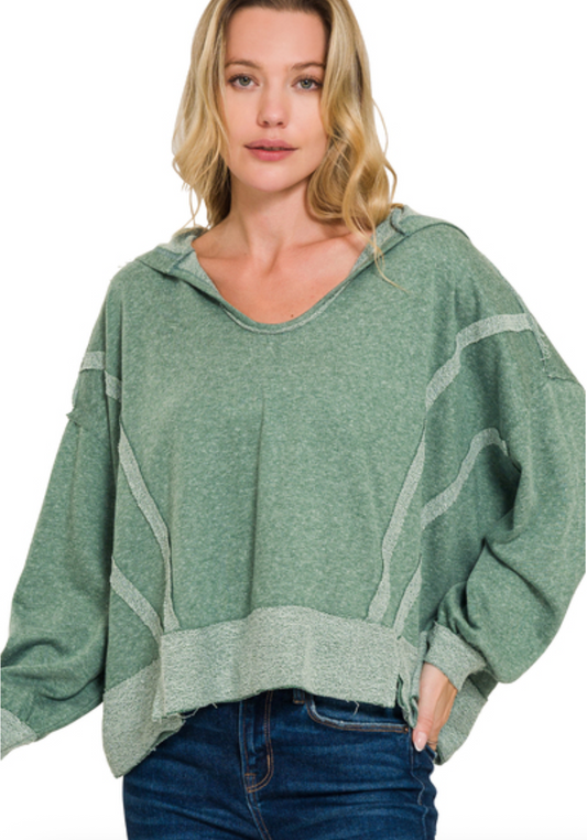 Side Slit Raw Hem Hoodie - Dark Green