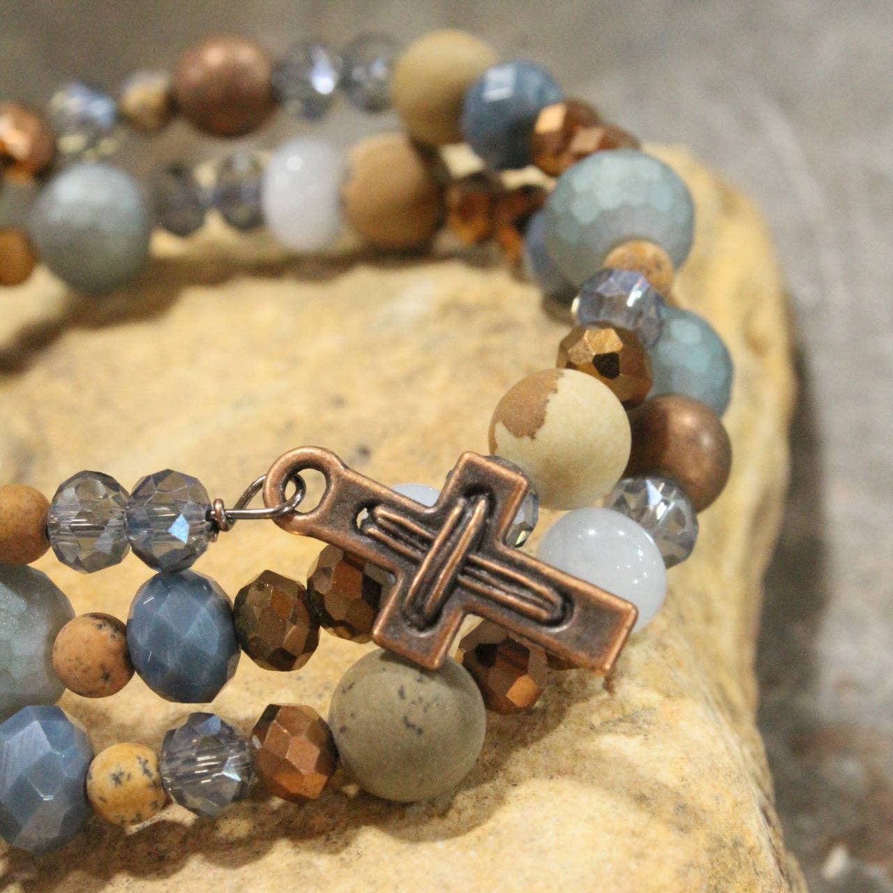 Copper Cross & Stone Wrap Bracelet
