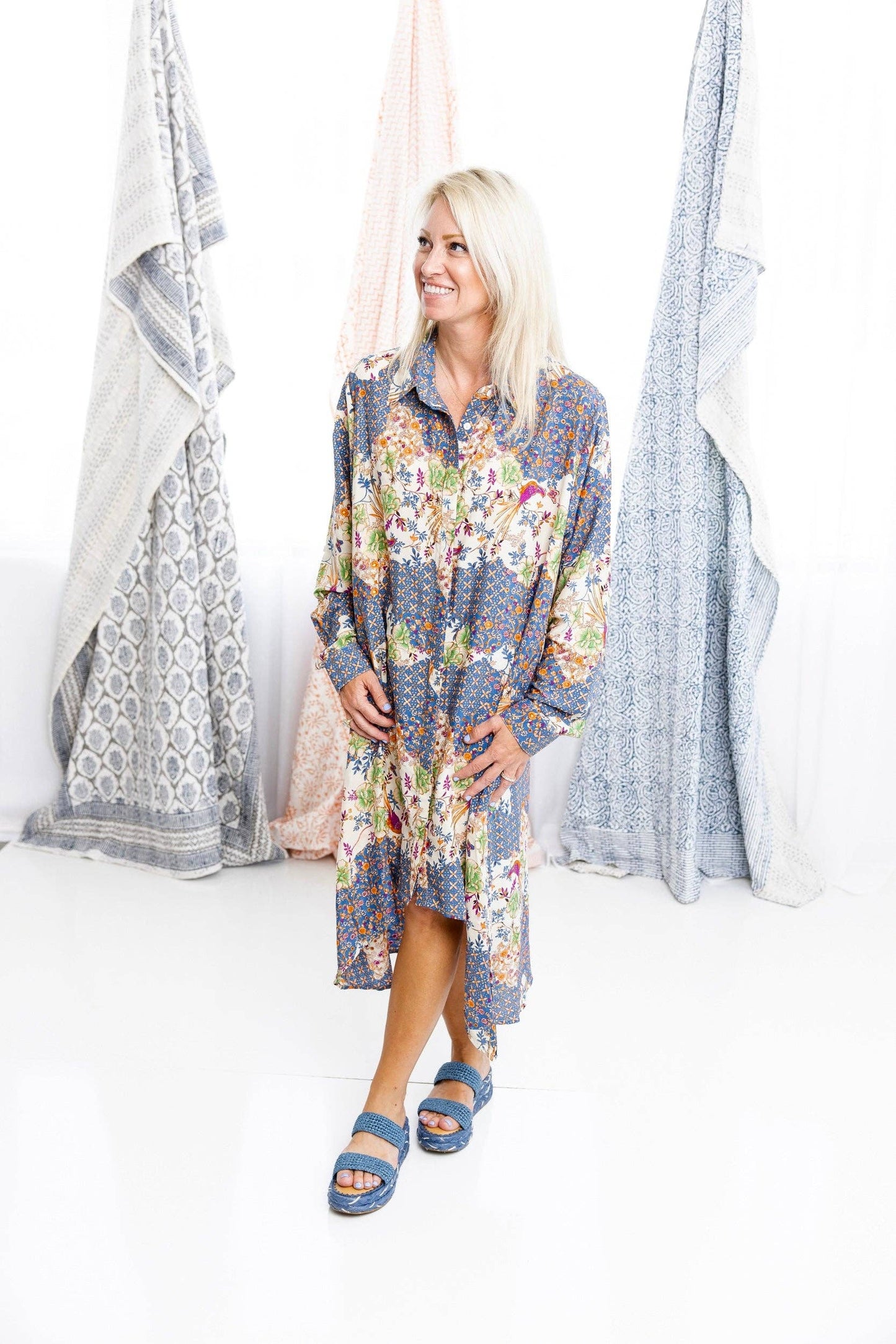 Blue Birds Silk Shirt High Low Shirt Dress